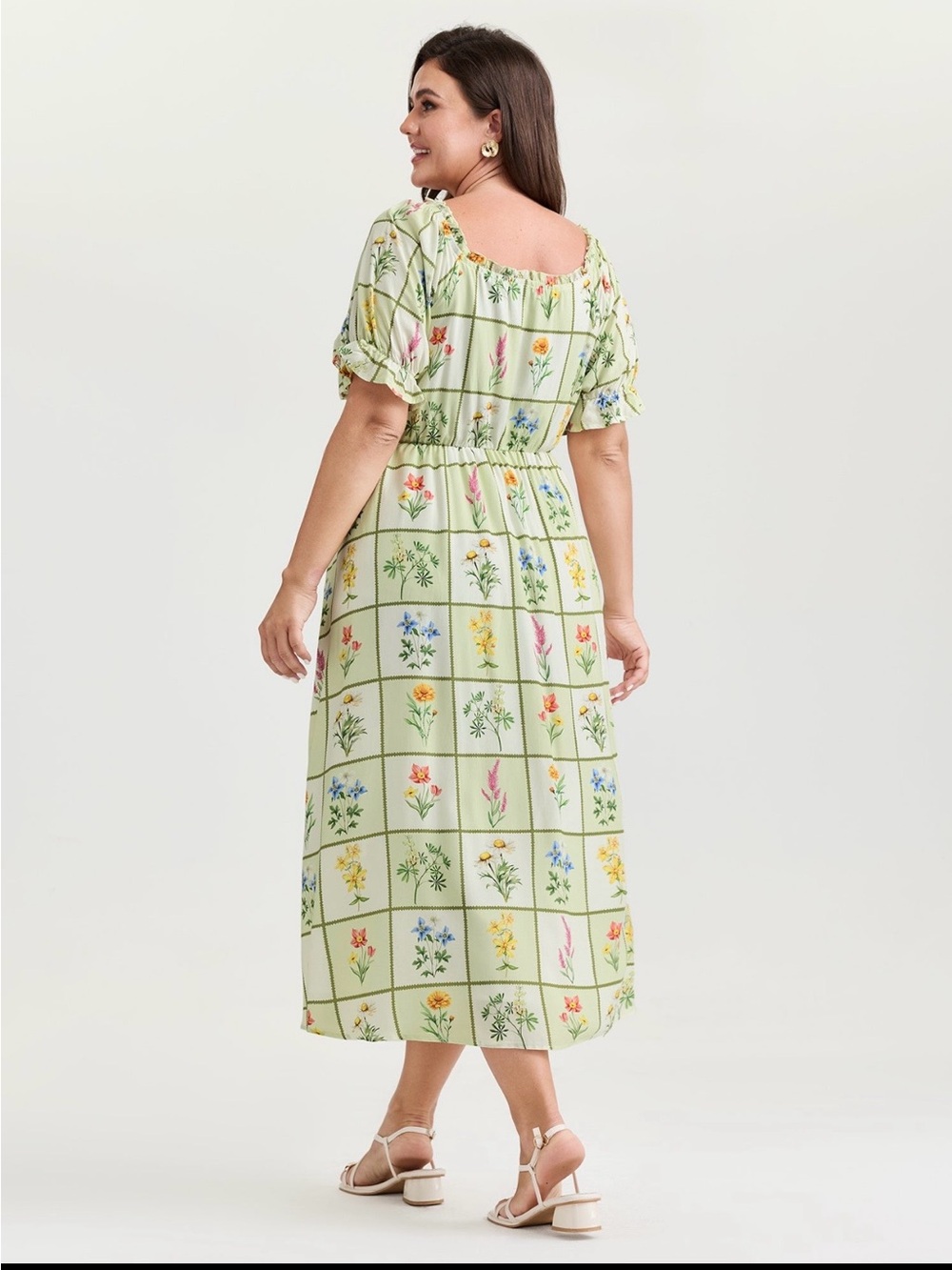 BloomChic Sage Grid Floral Midi Dress with Tie Neck size 1X (14-16) - Picture 6 of 15